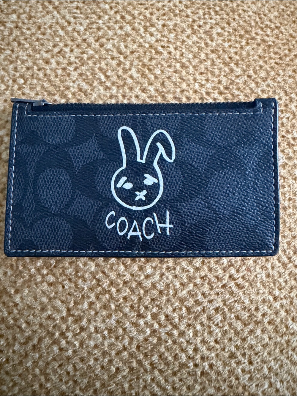 Coach Black and Charcoal signature Card Case with White Bunny Graphic
